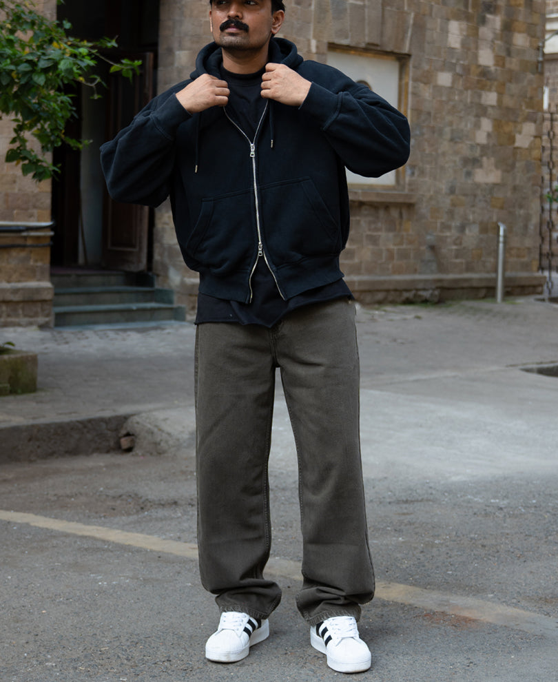 Dark Olive Washed Baggy Jeans.