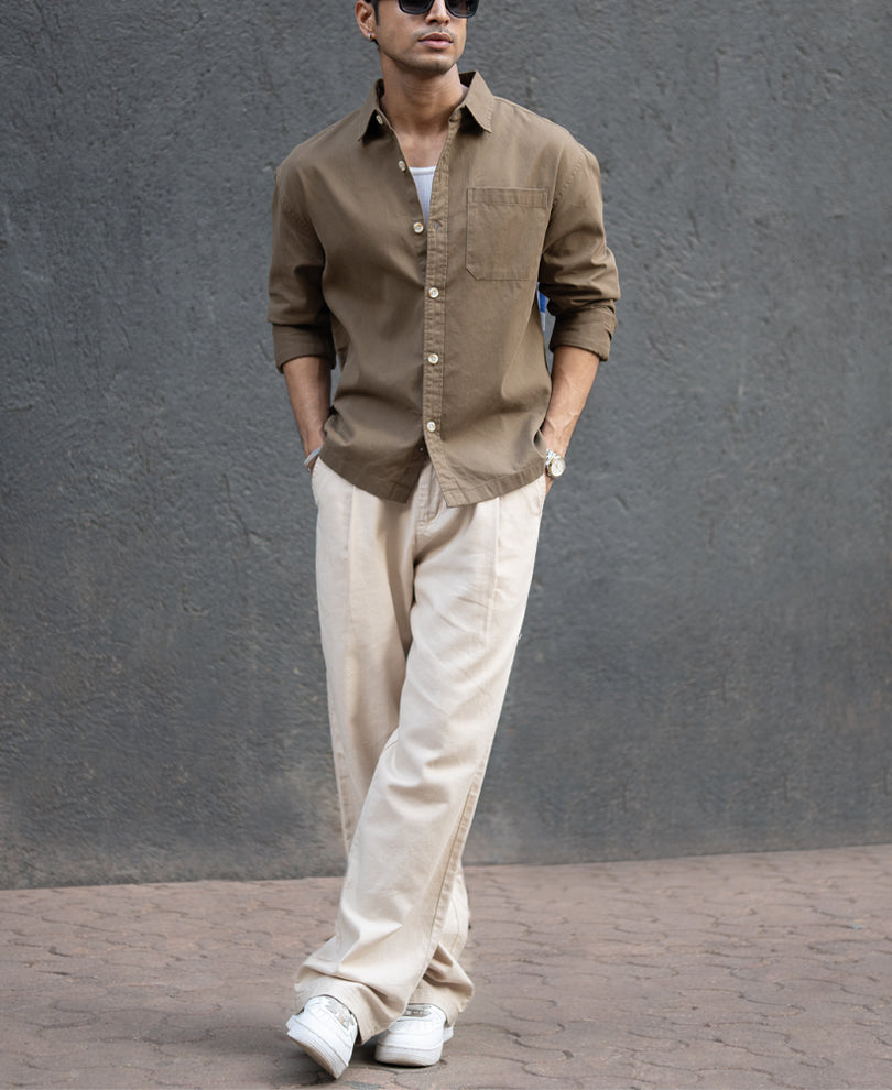 Dark Beige Printed Applique Shirt.