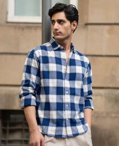 Blue Brushed Regular Fit Checks Shirt