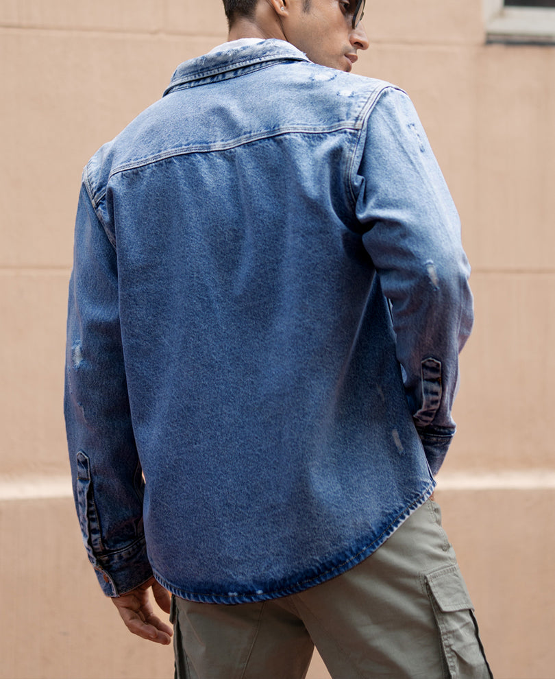 Mid Blue Distressed Denim Overshirt