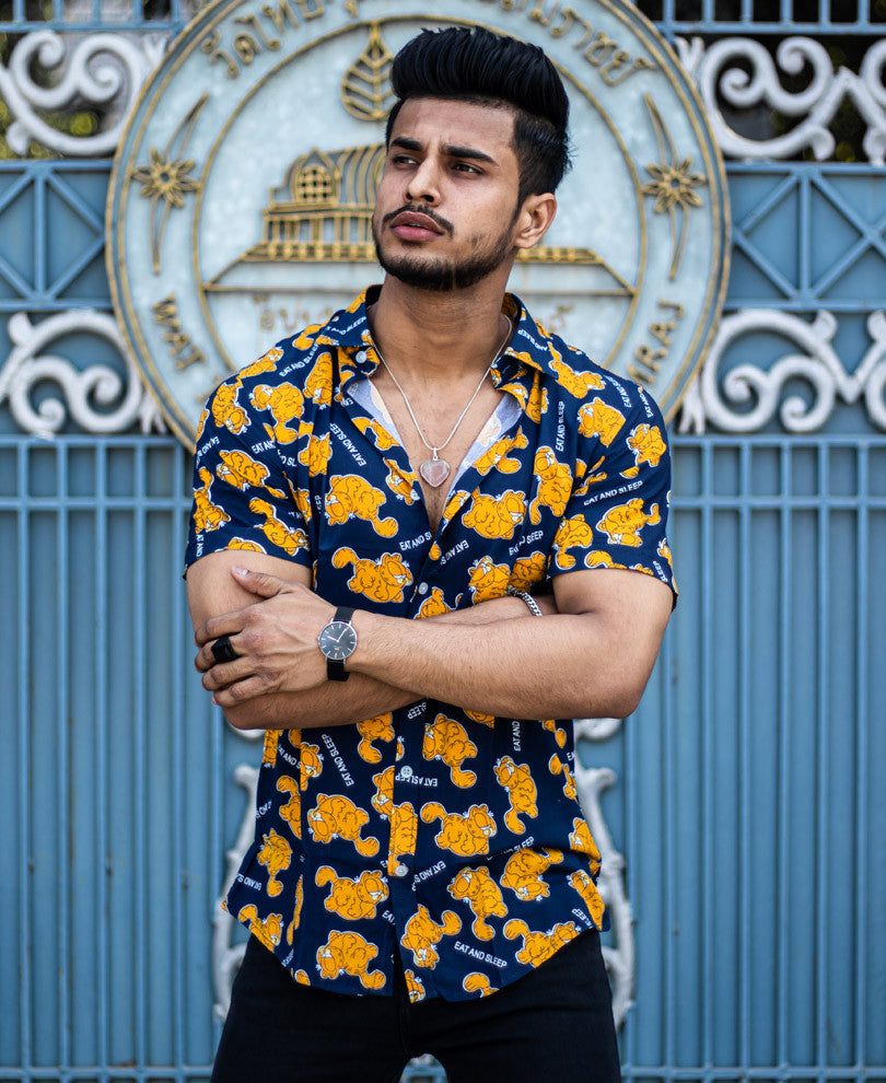 Navy Blue Garfield Cat Printed Half Sleeves Shirt