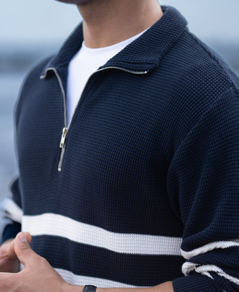 Navy Striped Zipper Neck Sweater