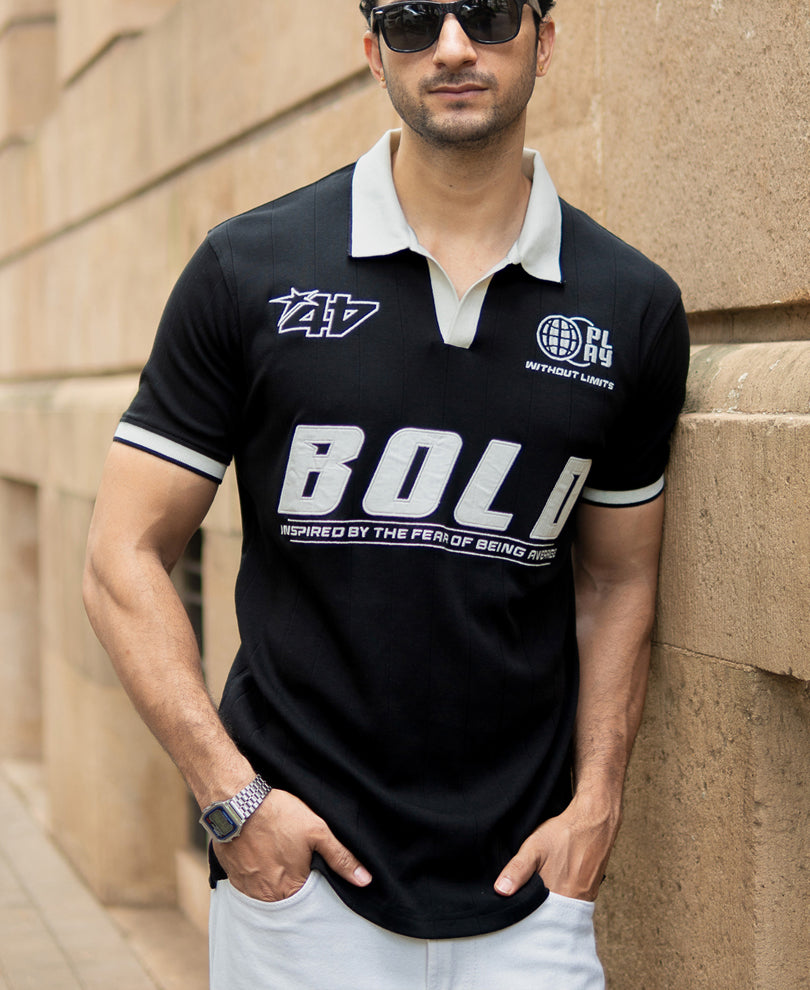 Black Contrast Embroidery T-Shirt
