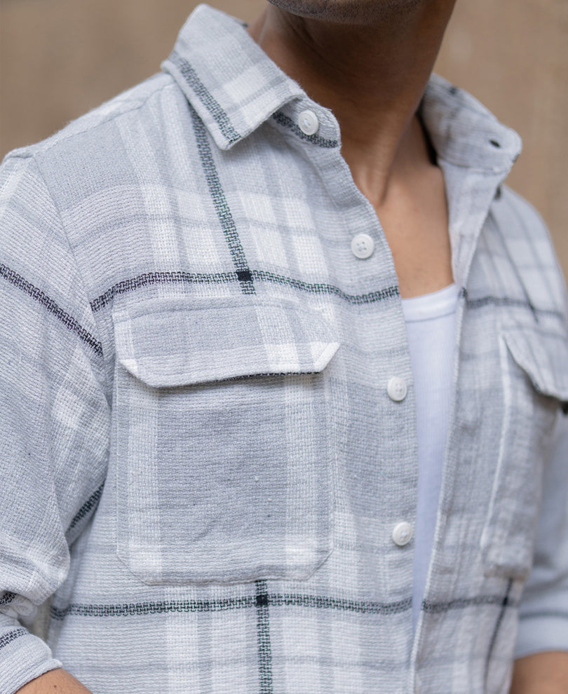 Light Grey Structured Checks Shacket Oversize Drop Shoulder Shirt