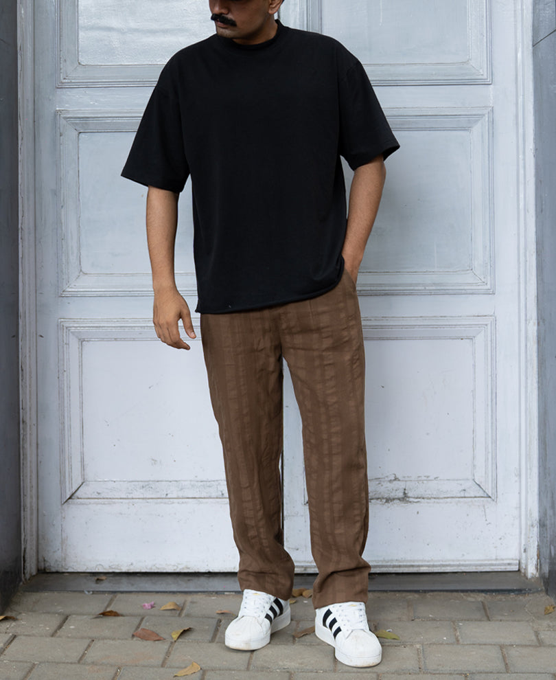 Brown Structured Pleated Cotton Trousers.