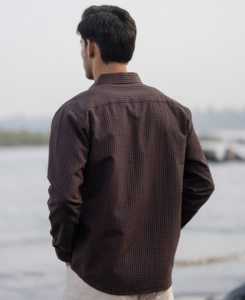 Brown Seer Sucker Stripe Shirt.