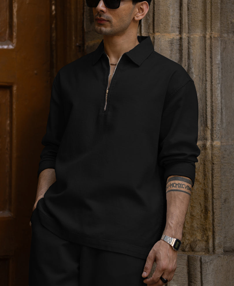 Black Structured Zipper Shirt 100% Cotton