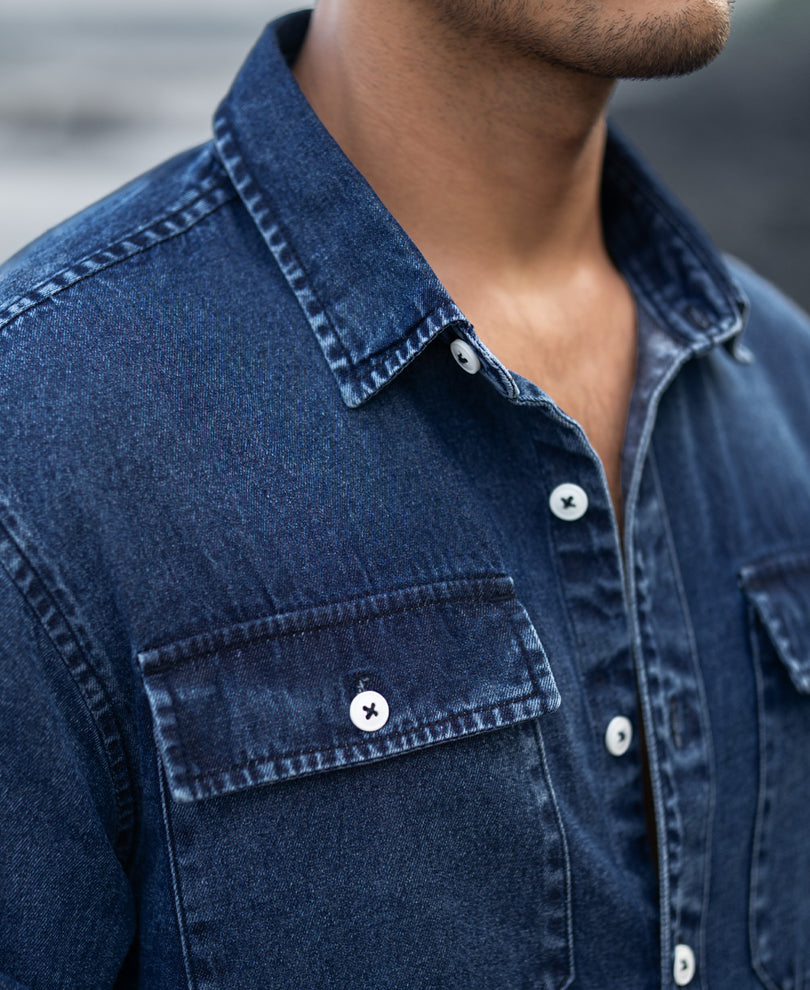 Dark Blue Washed Denim Full Sleeves Shirt.