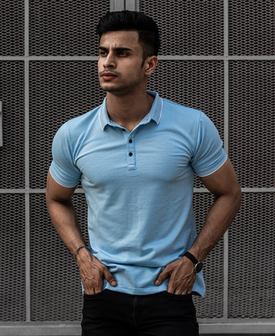 Sky Blue Polo Collar Half Sleeves T Shirt