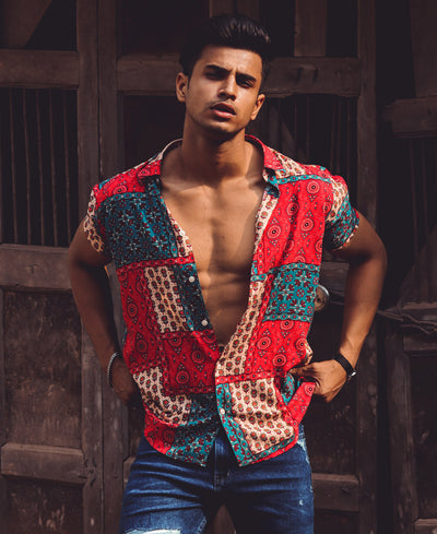 Red and Cream Patchwork Print Half Sleeves Shirt