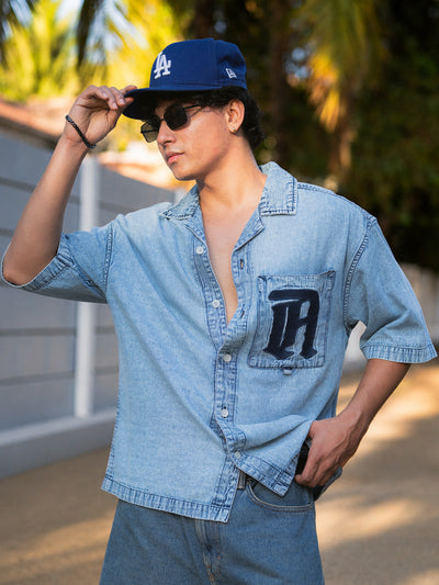 Blue Embroidered Denim Shirt 100% Cotton