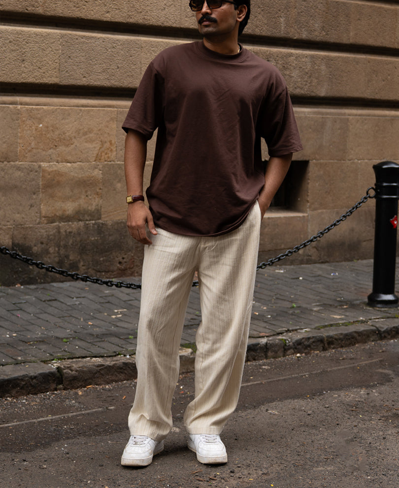 Cream Self Stripe Linen Trouser