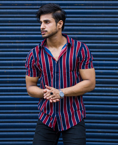 Red and Blue Casual Stripe Half Sleeves Shirt