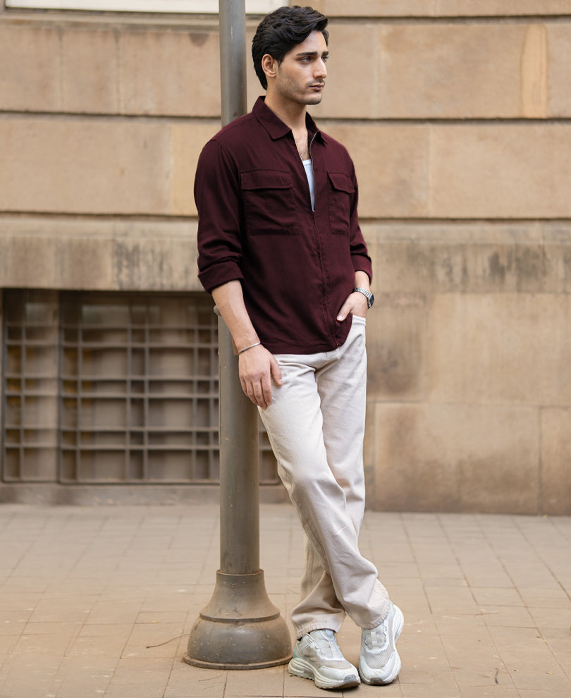 Wine Linen Blend Zipper Shirt