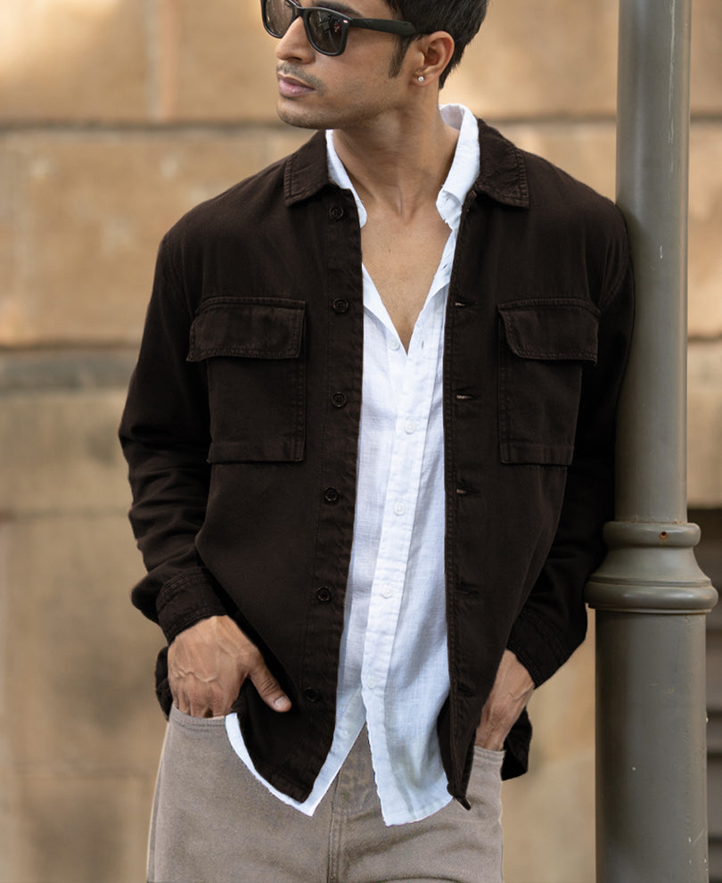 Dark Brown Double Pockets Denim Overshirt