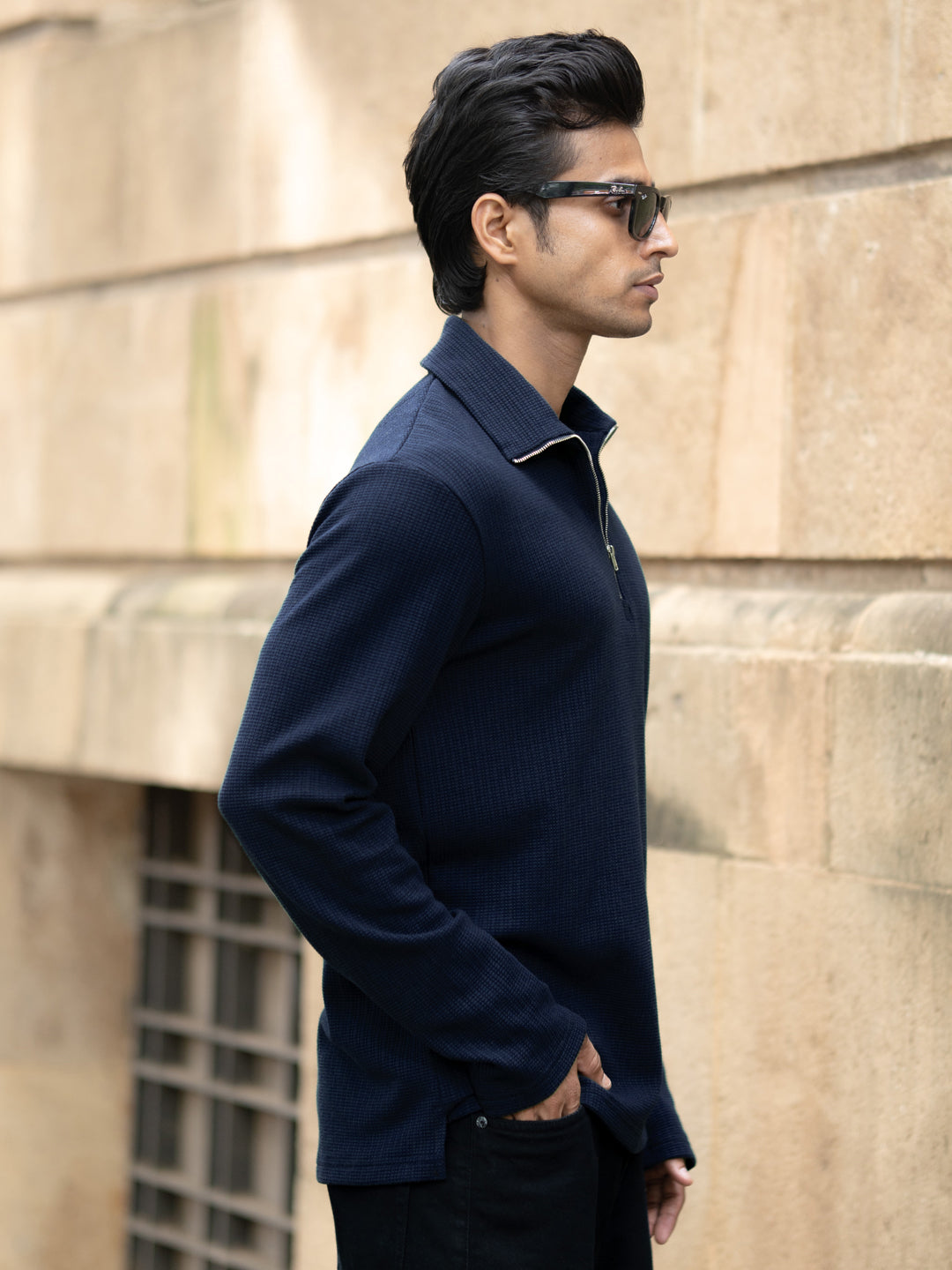Denim Blue Structured Zipper T-Shirt