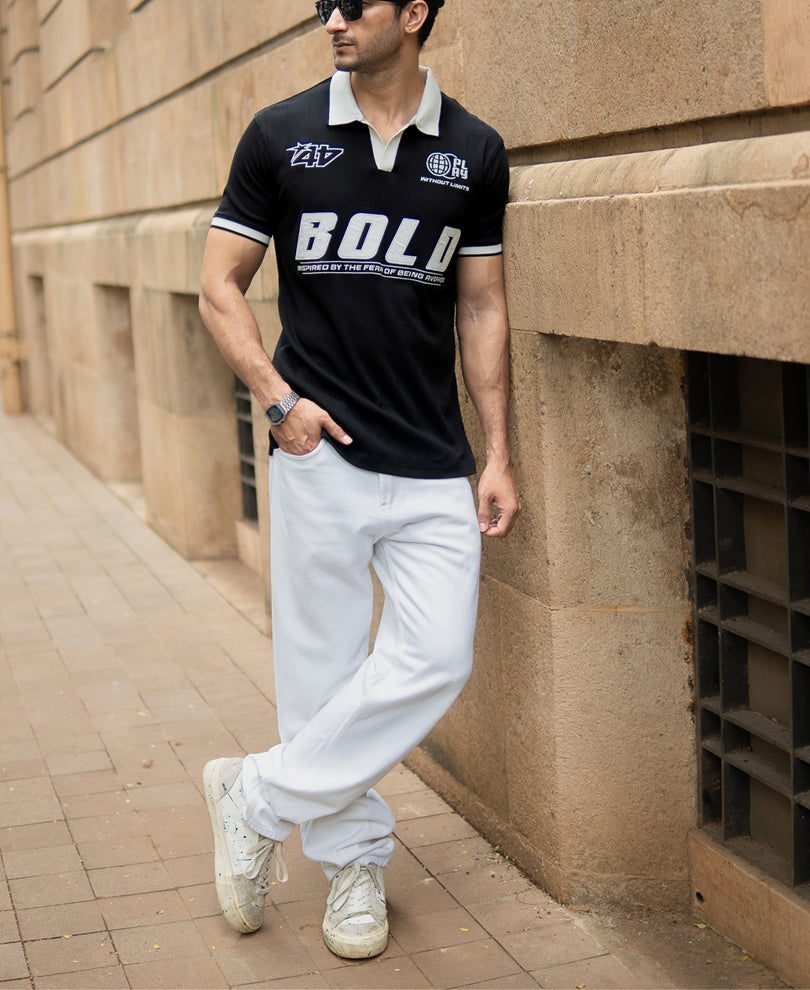 Black Contrast Embroidery T-Shirt