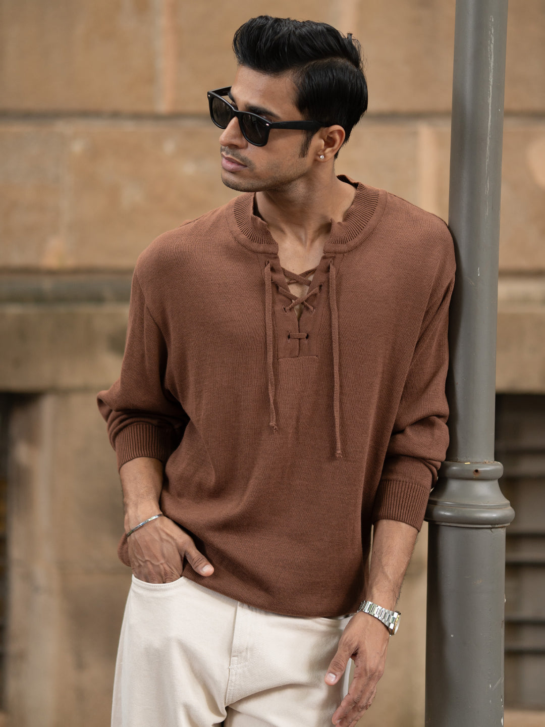 Dark Tan Knitted Henley T-Shirt