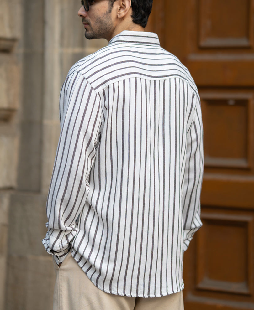 White Linen Blend Stripe Shirt.