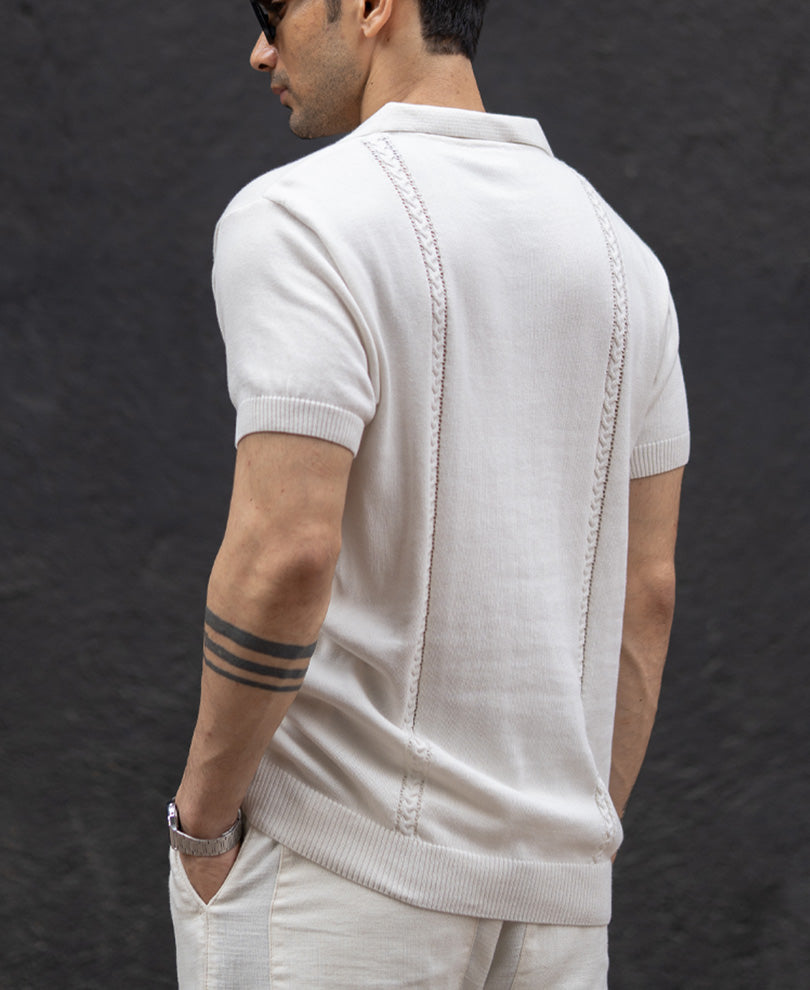 White Structured Knit Zipper T-Shirt.