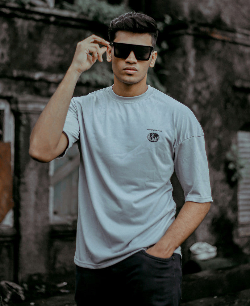 Grey Global Logo Print Oversize Drop Shoulder T Shirt