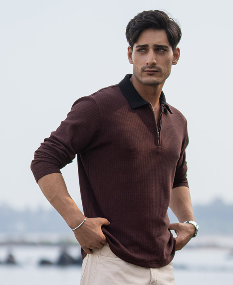 Brown Contrast Collar Structure T-Shirt