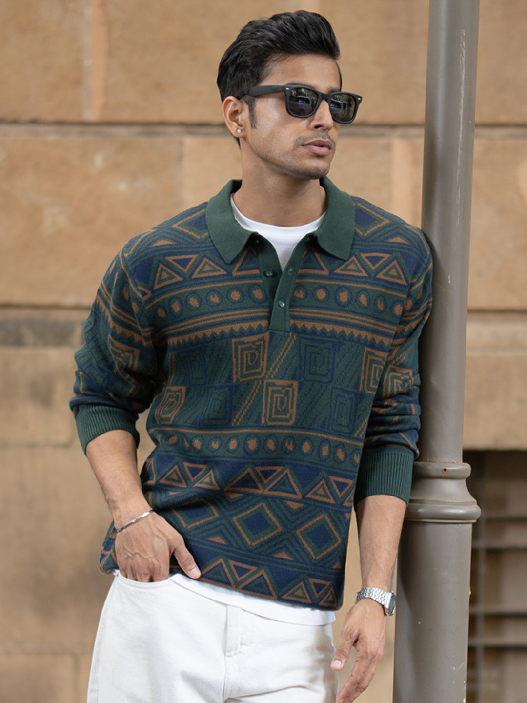 Multicolour Geometric Jacquard Knit T-Shirt
