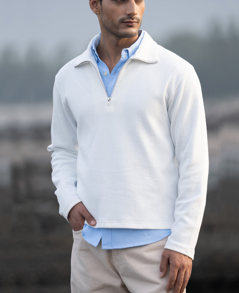 White Structure Zipper T-Shirt.