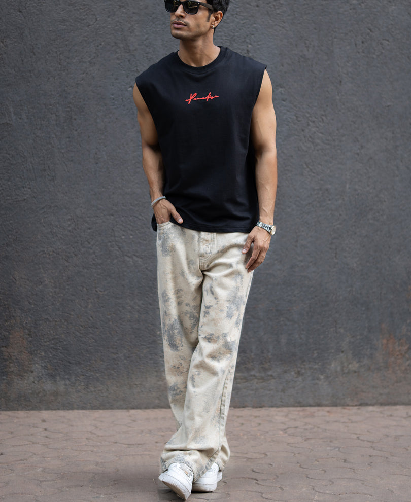 Black Slogan Print Vest.