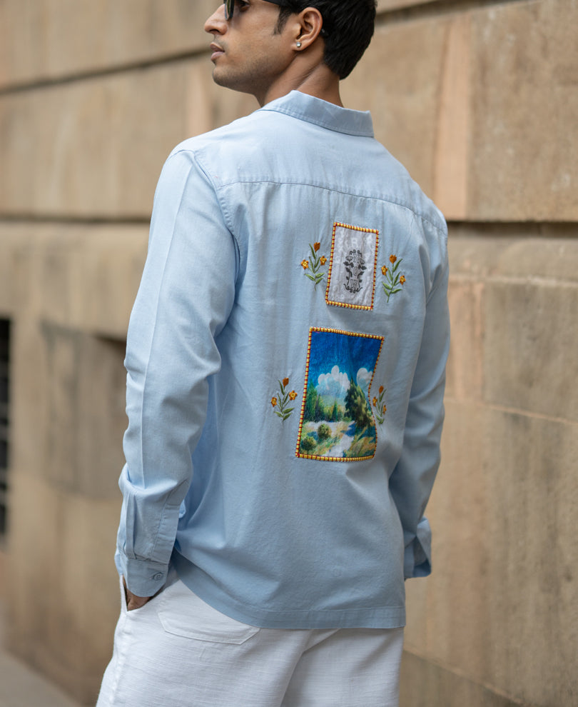 Blue Linen Blend Embroidered Shirt.
