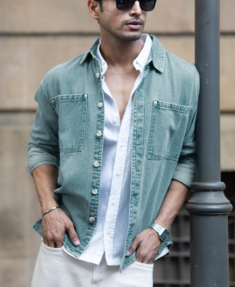 Mid Blue Washed Denim Shirt.