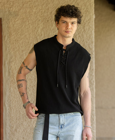 Black Knitted Henley Vest