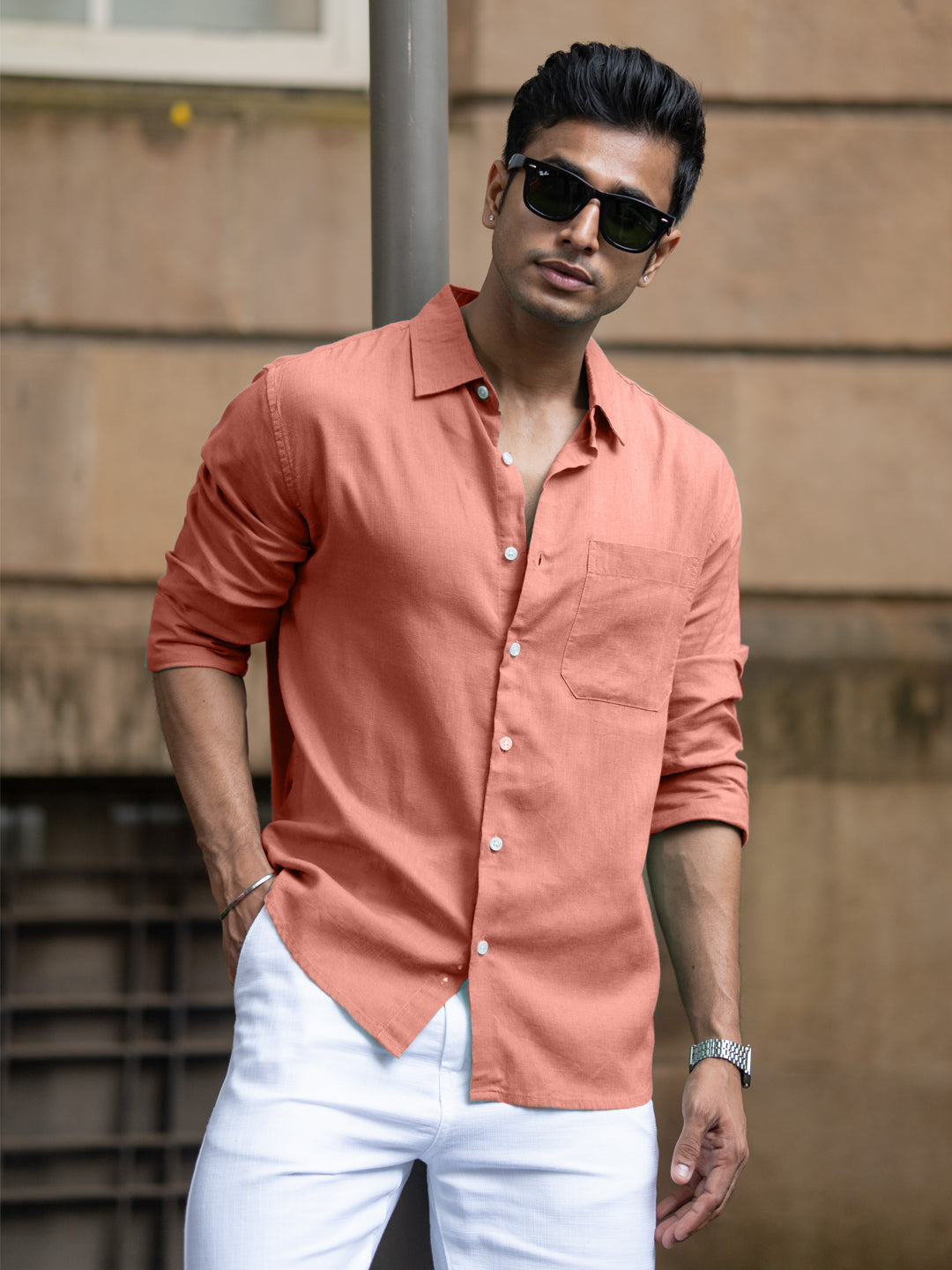 Coral Linen Blend Shirt