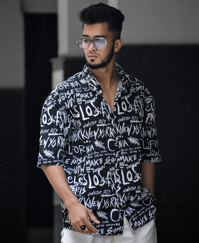 Black Los Angeles All Over Print Oversize Drop Shoulder Shirt