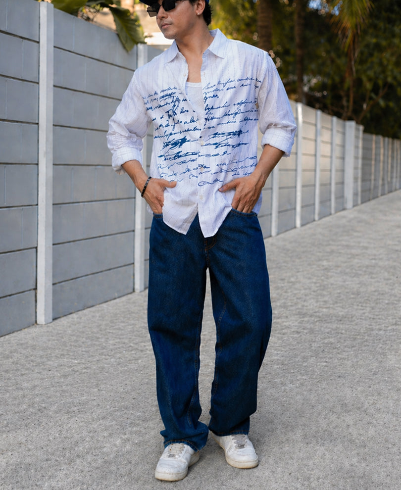 White Typography Print Stripe Shirt.
