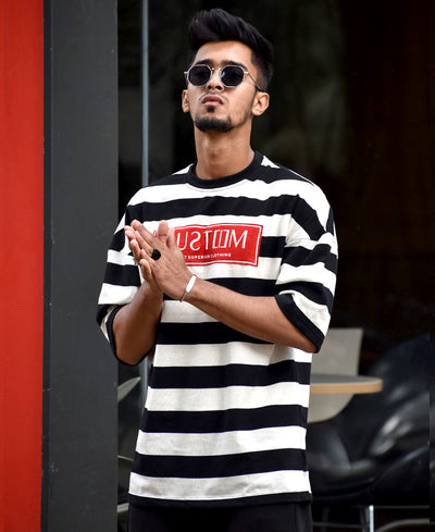 Black and Cream Custom Print Oversize Drop Shoulder T Shirt