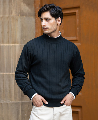 Black Structure Stripe High Neck Sweater