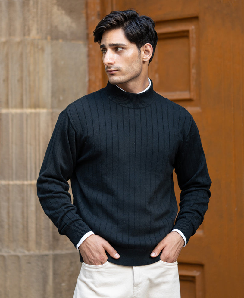 Black Structure Stripe High Neck Sweater