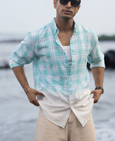 Aqua Blue Light Weight Ombre Checks Shirt