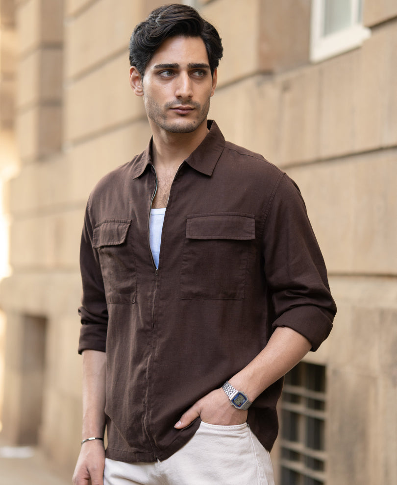 Coffee Brown Linen Blend Zipper Shirt