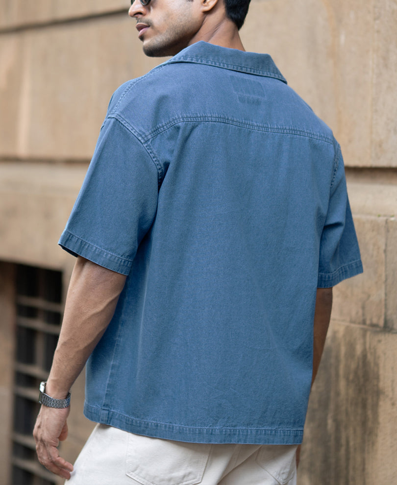 Mid Blue Embroidered Denim Shirt.