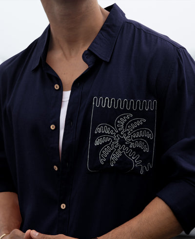 Navy Linen Blend Embroidery Shirt