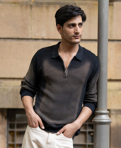 Black Sprayed Zipper Neck Sweater