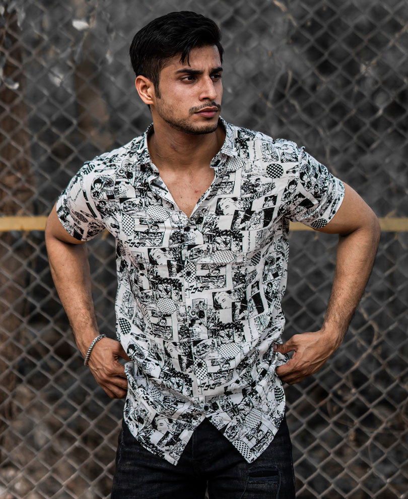 White Comic Print Half Sleeves Shirt