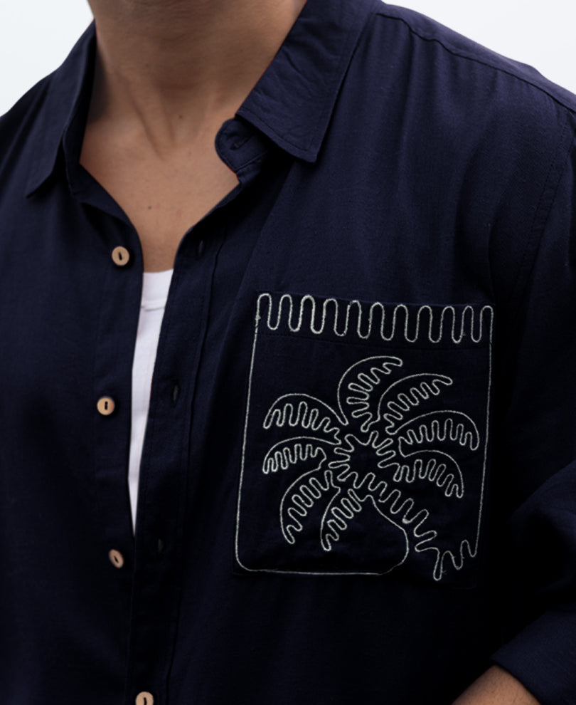 Navy Linen Blend Embroidery Shirt.