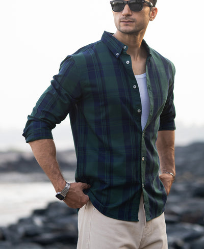 Navy Green Structured Checks Shirt