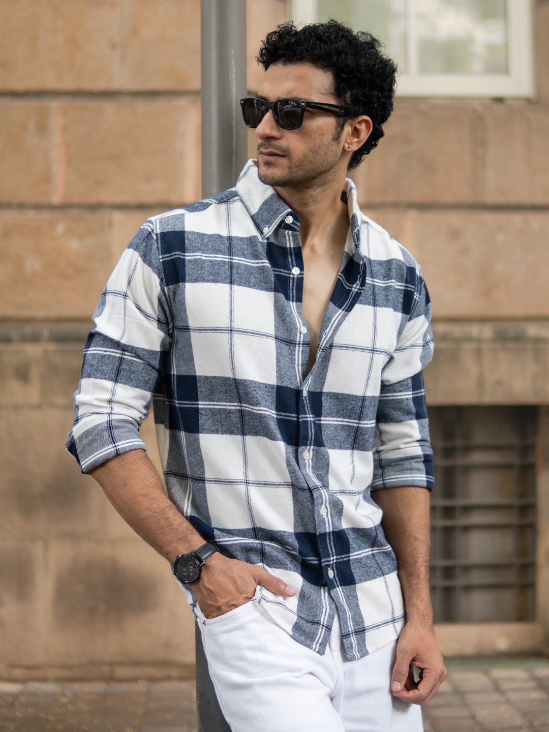 Navy And White Macro Checks Shirt