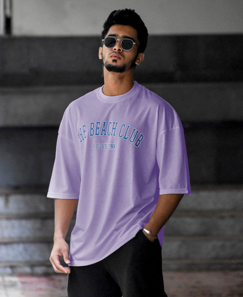 Purple The Beach Club Printed Oversize Drop Shoulder T Shirt