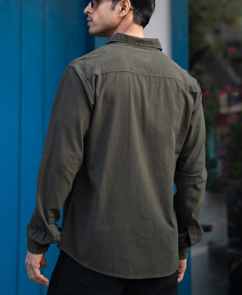 Dark Olive Double Pocket Denim Shirt