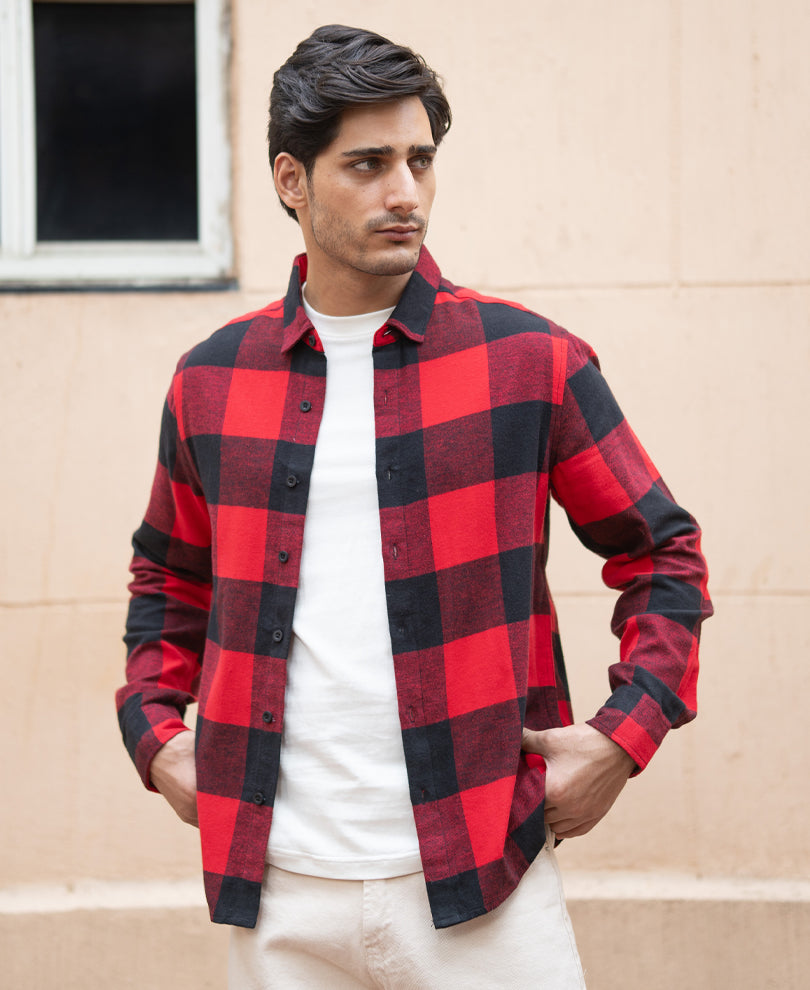 Bright Red Flannel Checks Shirt.